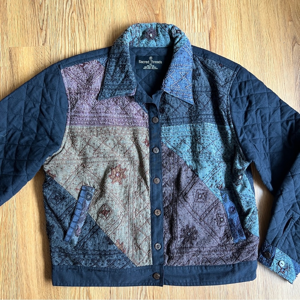 Sacred Threads Quilted Jacket small medium black multi mirrored